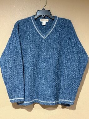 Vintage Pure Shetland Wool Chunky Ribbed Cable Knit Sweater Womens Blue M Preppy